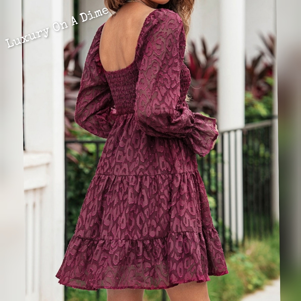 Leopard Print Dess Tiered Sheer Long Sleeve Babydoll Mini Playful Outfit - Picture 5 of 11